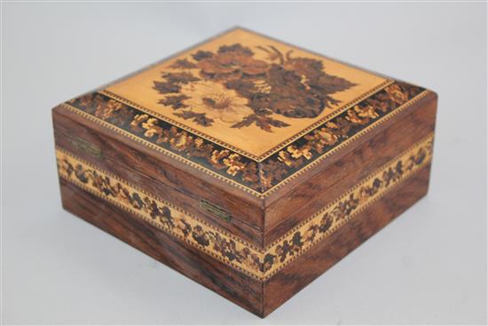 A Tunbridge ware rosewood floral bouquet mosaic handkerchief box, 6in.